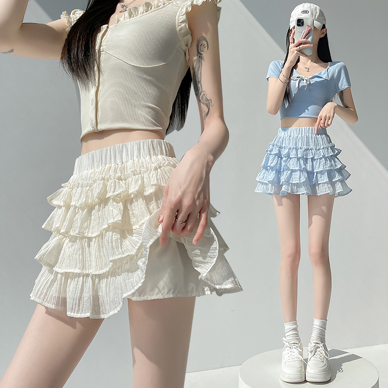 實拍木耳邊半身裙女2026夏百搭防走光蛋糕裙松緊高腰a字短裙子女