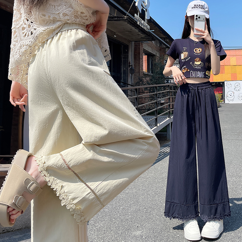 實拍花邊闊腿褲女2026夏季新款洗水棉高腰顯瘦九分褲百搭休閑褲子