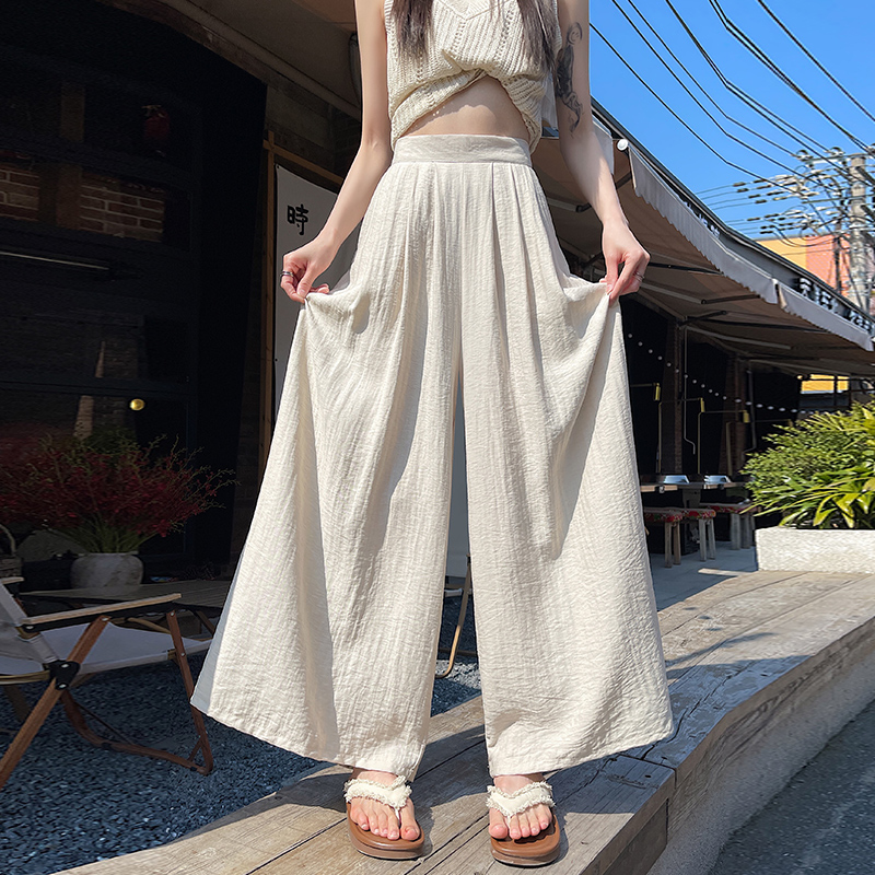 實拍冰絲棉麻寬松闊腿褲女2026夏天絲亞麻高腰顯瘦九分褲休閑褲裙