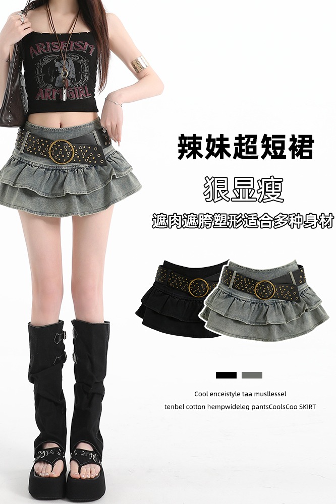 實拍牛仔短褲裙女2026夏季新款高腰彈力顯瘦蛋糕裙辣妹工裝半身裙
