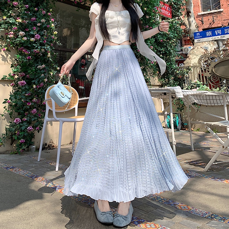 實拍燙鉆褶皺半身裙女2026夏季高腰垂墜感a字大擺傘裙百褶長裙子