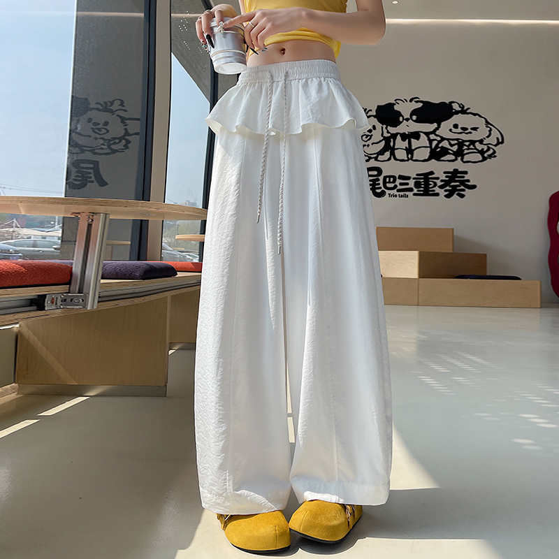 實拍花邊闊腿褲女2026夏新款冰絲戶外速干高腰顯瘦百搭休閑褲子