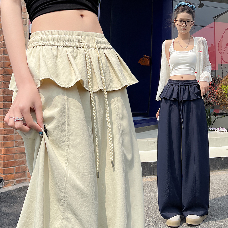 實拍花邊闊腿褲女2026夏新款冰絲戶外速干高腰顯瘦百搭休閑褲子