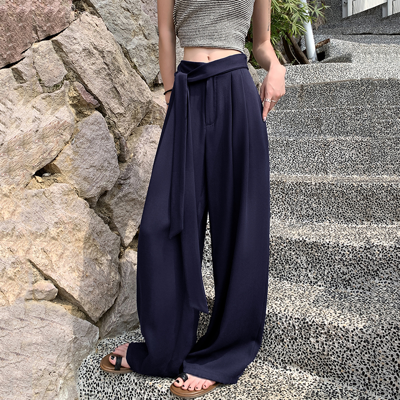 實拍冰絲棉麻系帶闊腿褲女2026夏新款老錢風高腰顯瘦慵懶休閑褲子