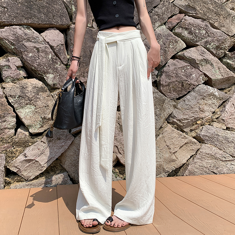 實拍冰絲棉麻系帶闊腿褲女2026夏新款老錢風高腰顯瘦慵懶休閑褲子
