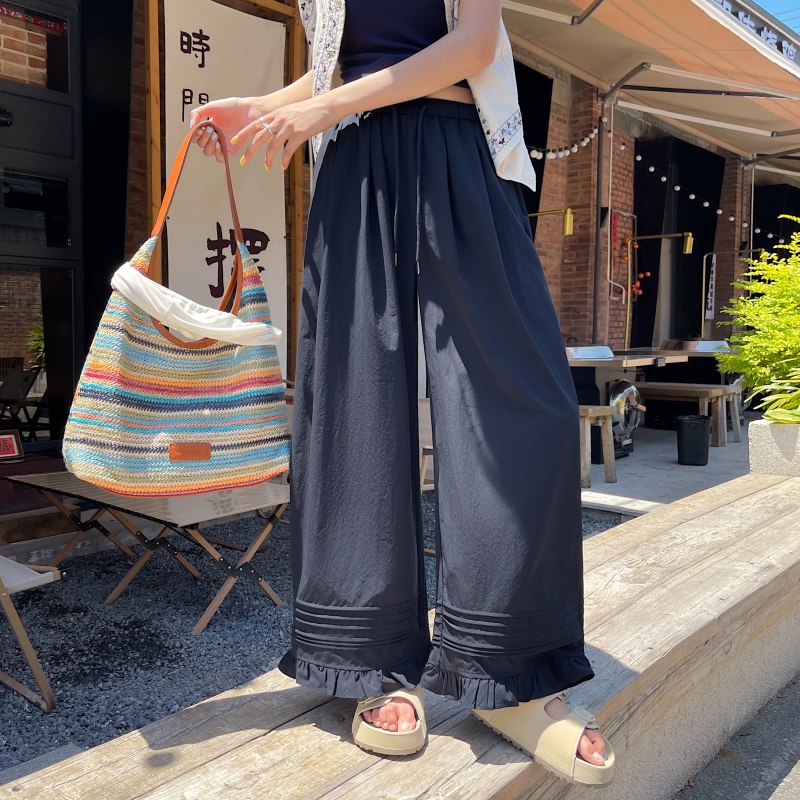 實拍闊腿褲女2025夏新款冰絲戶外速干高腰顯瘦九分褲木耳邊休閑褲