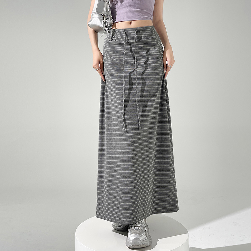 實拍條紋半身裙女2026高腰抽繩直筒運動裙女夏季新款慵懶中長裙子
