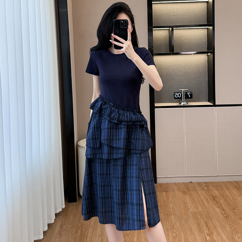 MY9274# 格子拼接连衣裙层次感不规则假两件中长款大码T恤裙女夏女裝貨源服裝批發