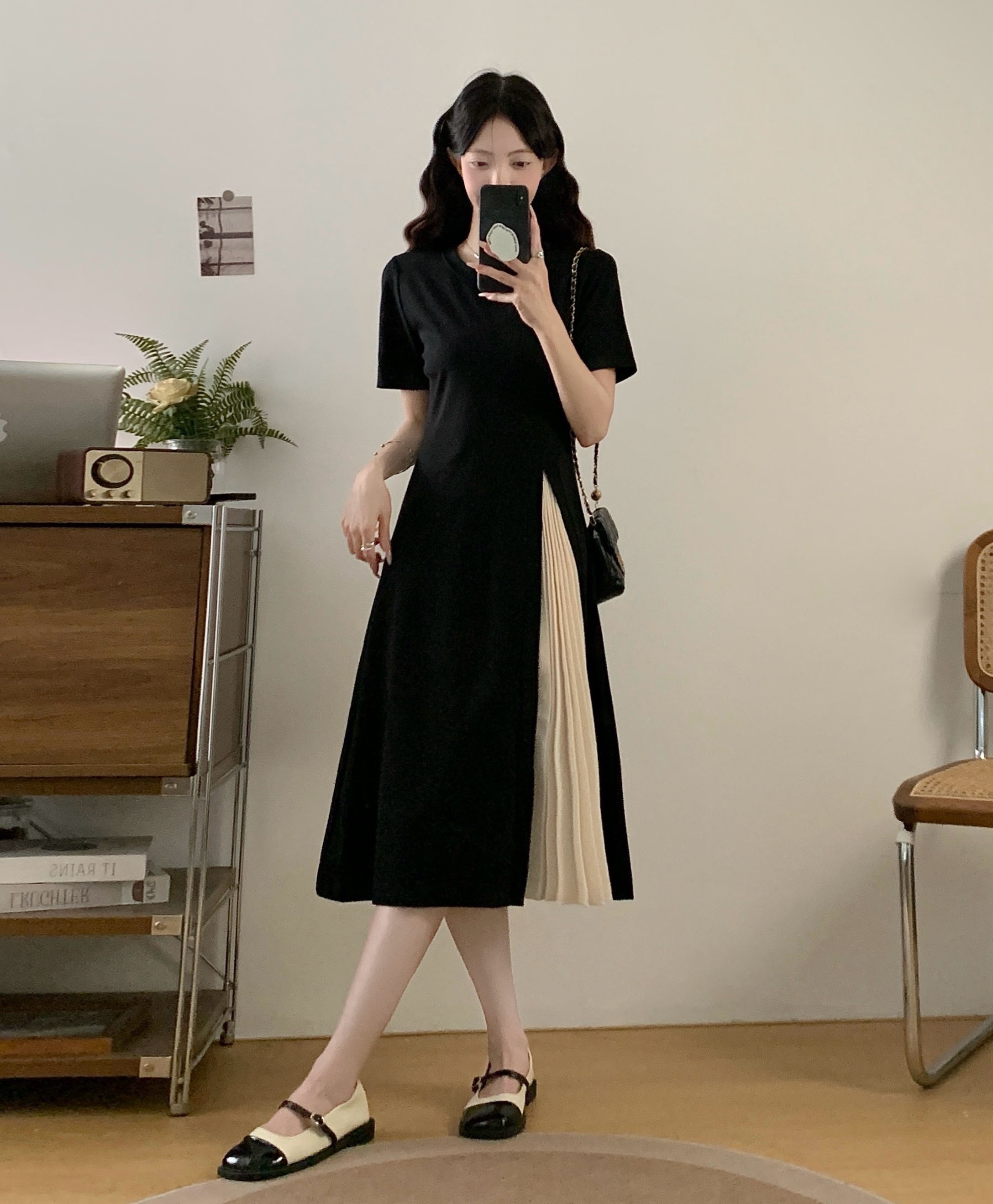 MY9269# 皱褶拼接连衣裙法式小众遮肉显瘦中长款大码T恤裙女夏女裝貨源服裝批發