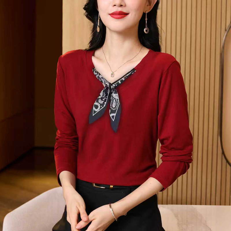 MY17399# 新款V领丝巾内搭X洋气百搭妈妈装减龄打底衫女女裝貨源服裝...