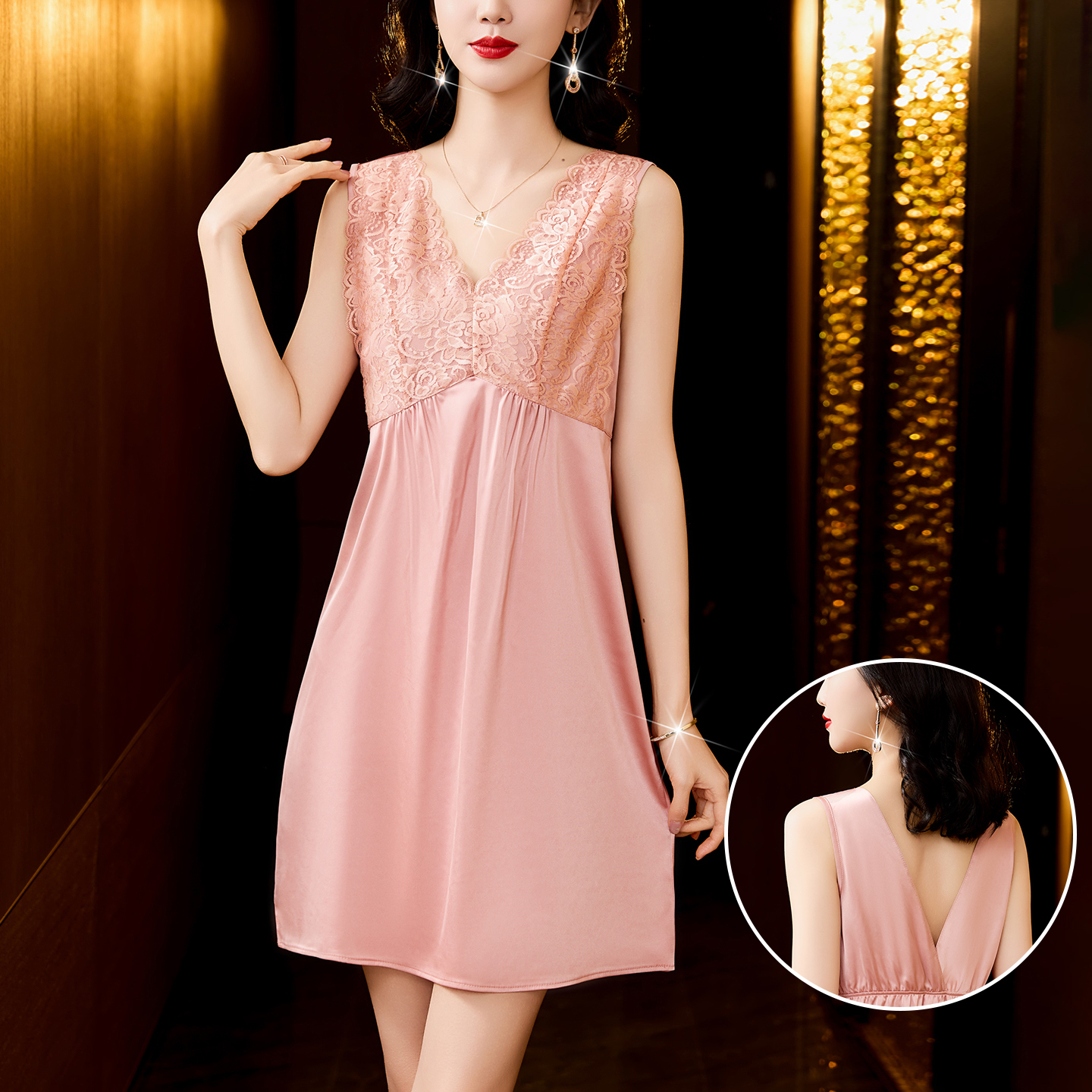 MY17384# 新款蕾丝中长款弹力缎面背心裙女裝貨源服裝批發