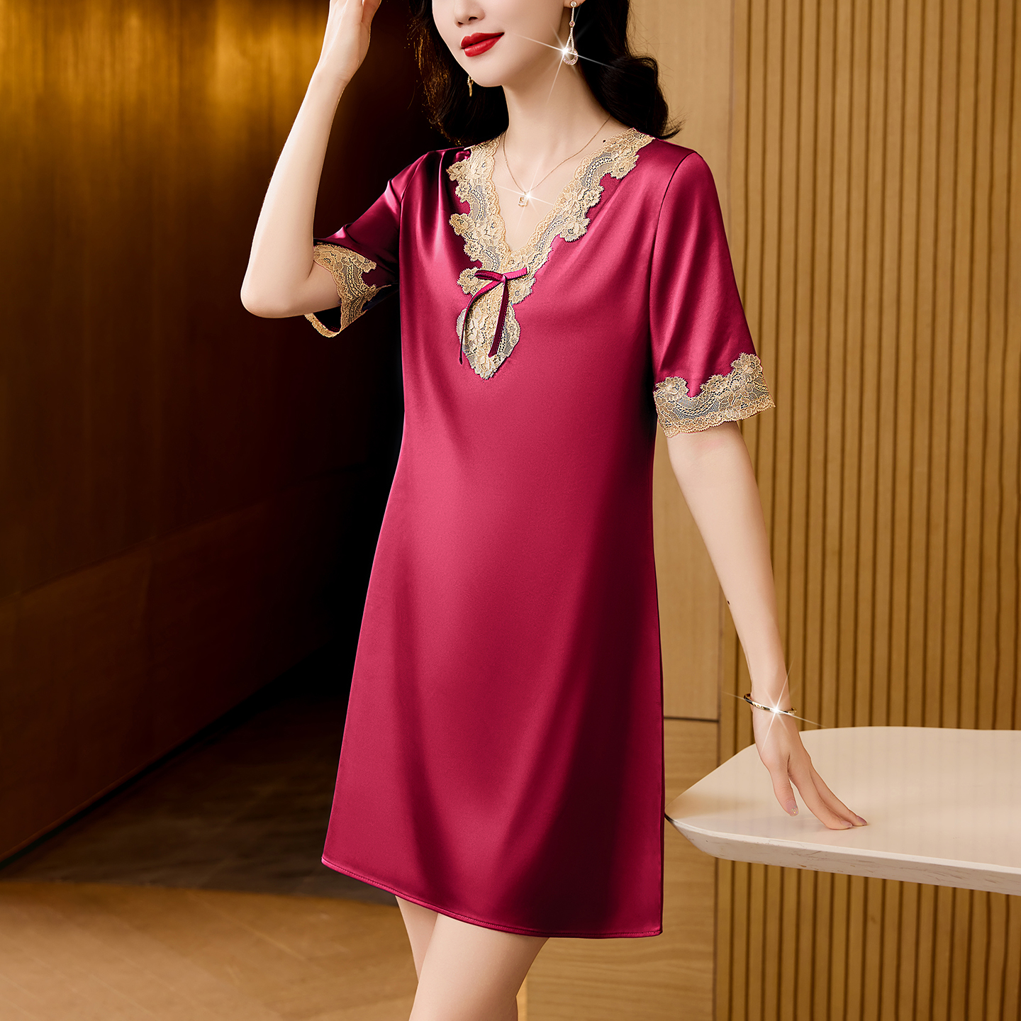 MY17377# 蕾丝中长款大码短袖性感连衣裙高级感睡衣家居服女裝貨源服裝批發