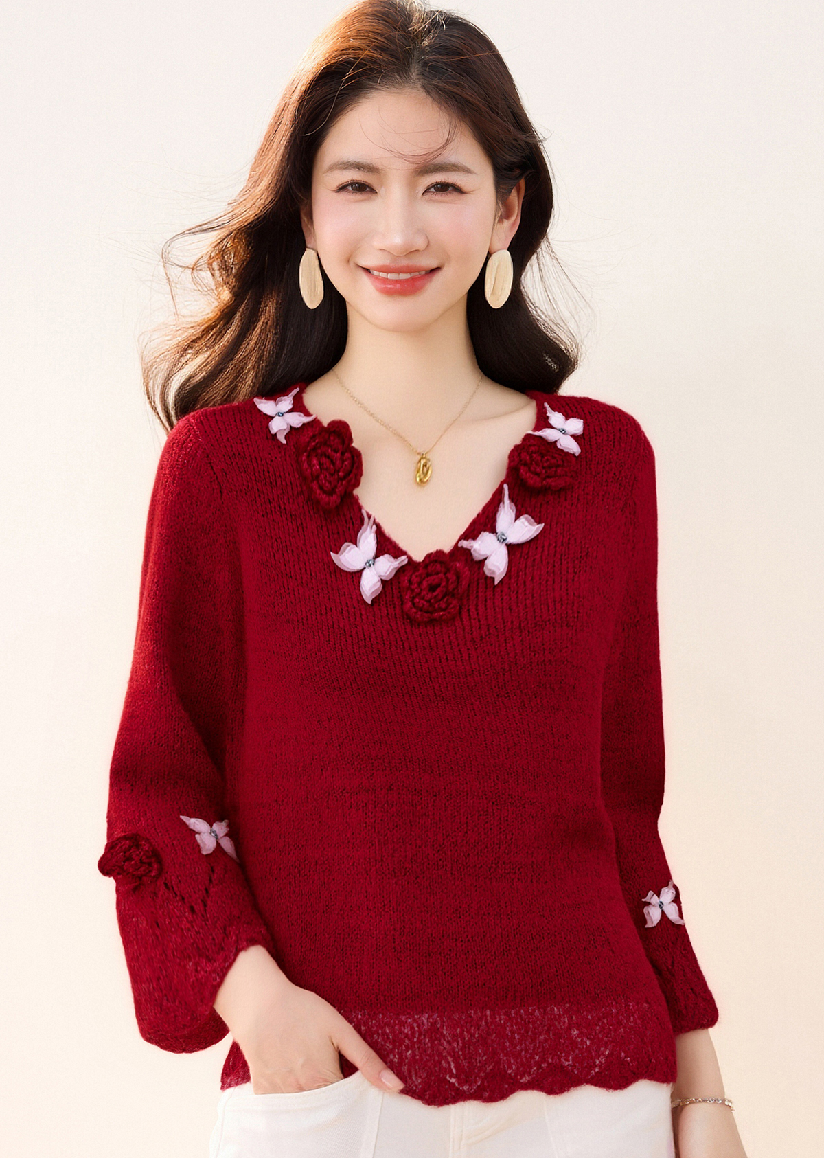 MY15877# V领设计感毛衣打底气质修身显瘦立体玫瑰好看女裝貨源服裝批...