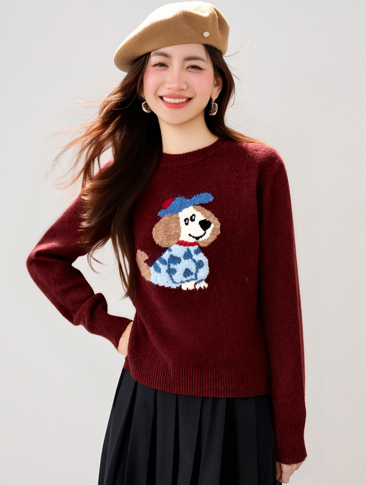 MY15879# 设计感卡通小狗提花毛衣新款冬宽松慵懒针织上衣女裝貨源服裝批發