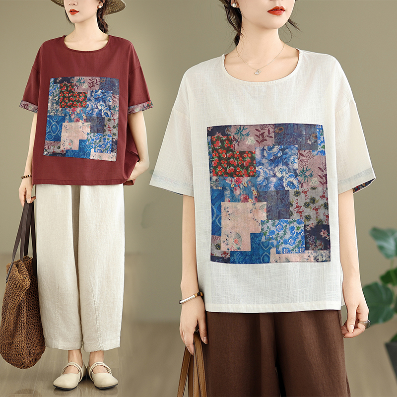 RY239# 实拍2026新款文艺休闲棉麻贴布印花宽松圆领短袖T恤上衣大码...