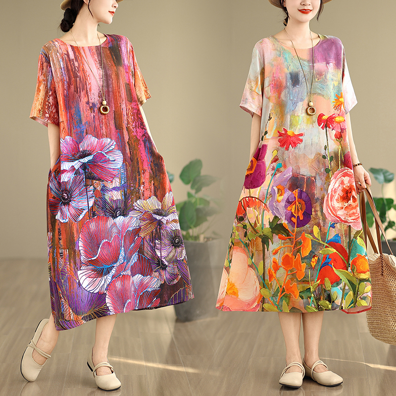 RY233# 实拍夏季新款文艺宽松显瘦中长款印花棉绸连衣裙女装大码裙子