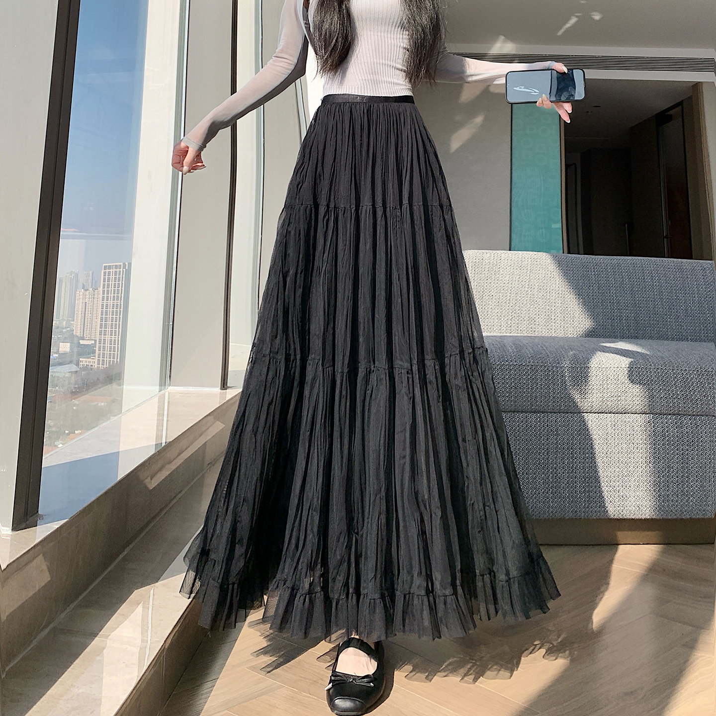 實拍拼接蛋糕裙女2026春季新款高級寬松垂感休閑顯瘦褶皺紗裙