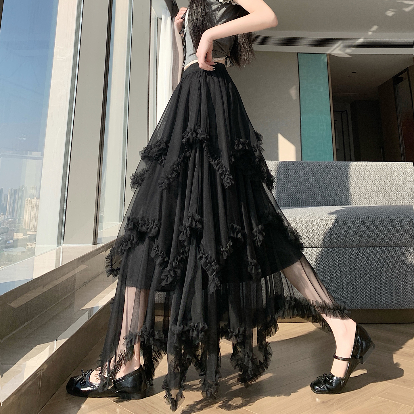 實拍不規則網紗蛋糕裙女春季木耳邊a字絕美仙女蓬蓬半身長裙