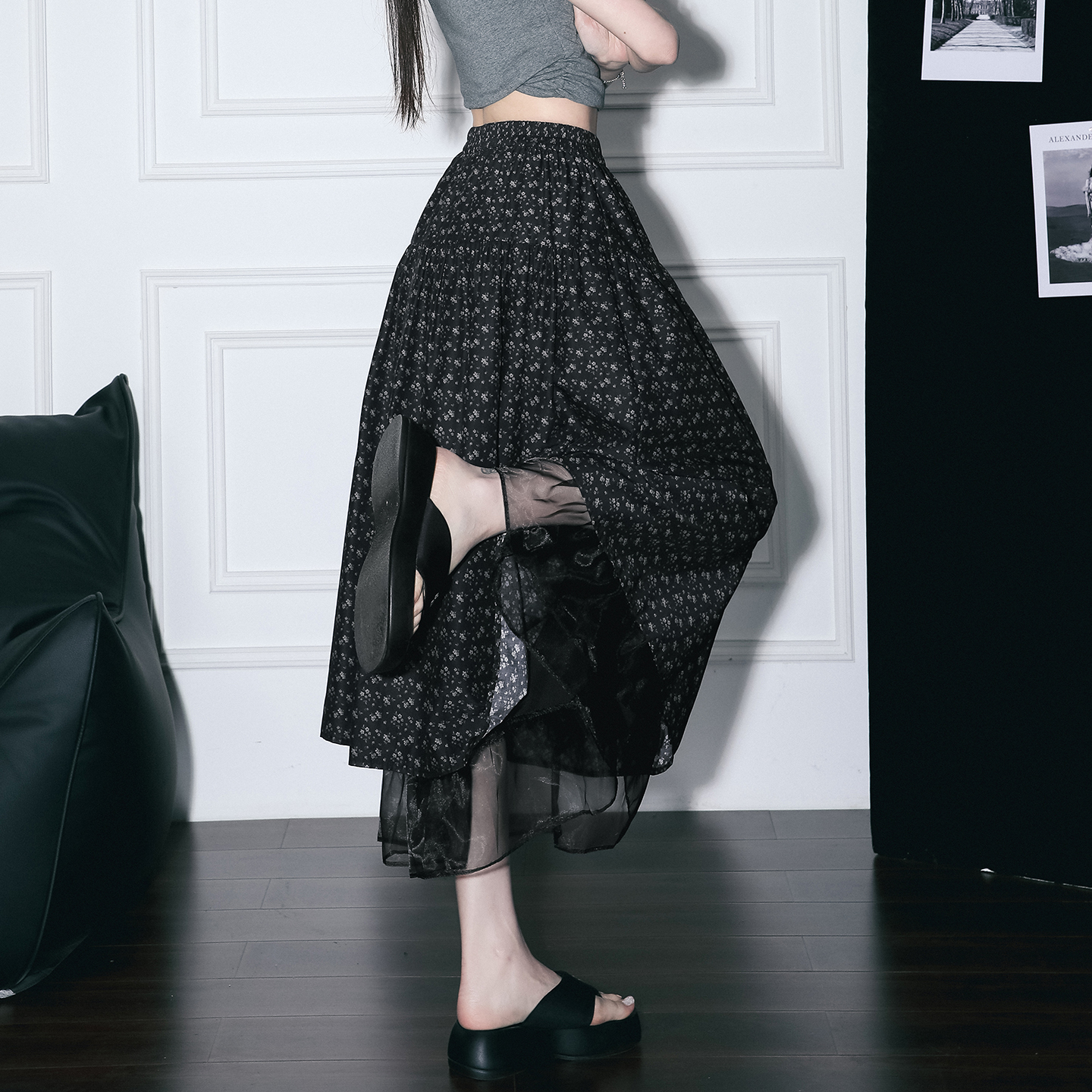 白色半身裙女2026春夏款A字大擺裙中長款大擺裙網紗拼接蓬蓬傘裙