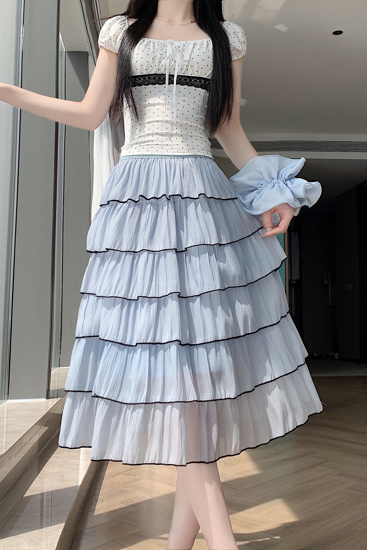 法式小香風精致假兩件拼接短袖連衣裙女夏千金名媛氣質顯瘦蛋糕裙