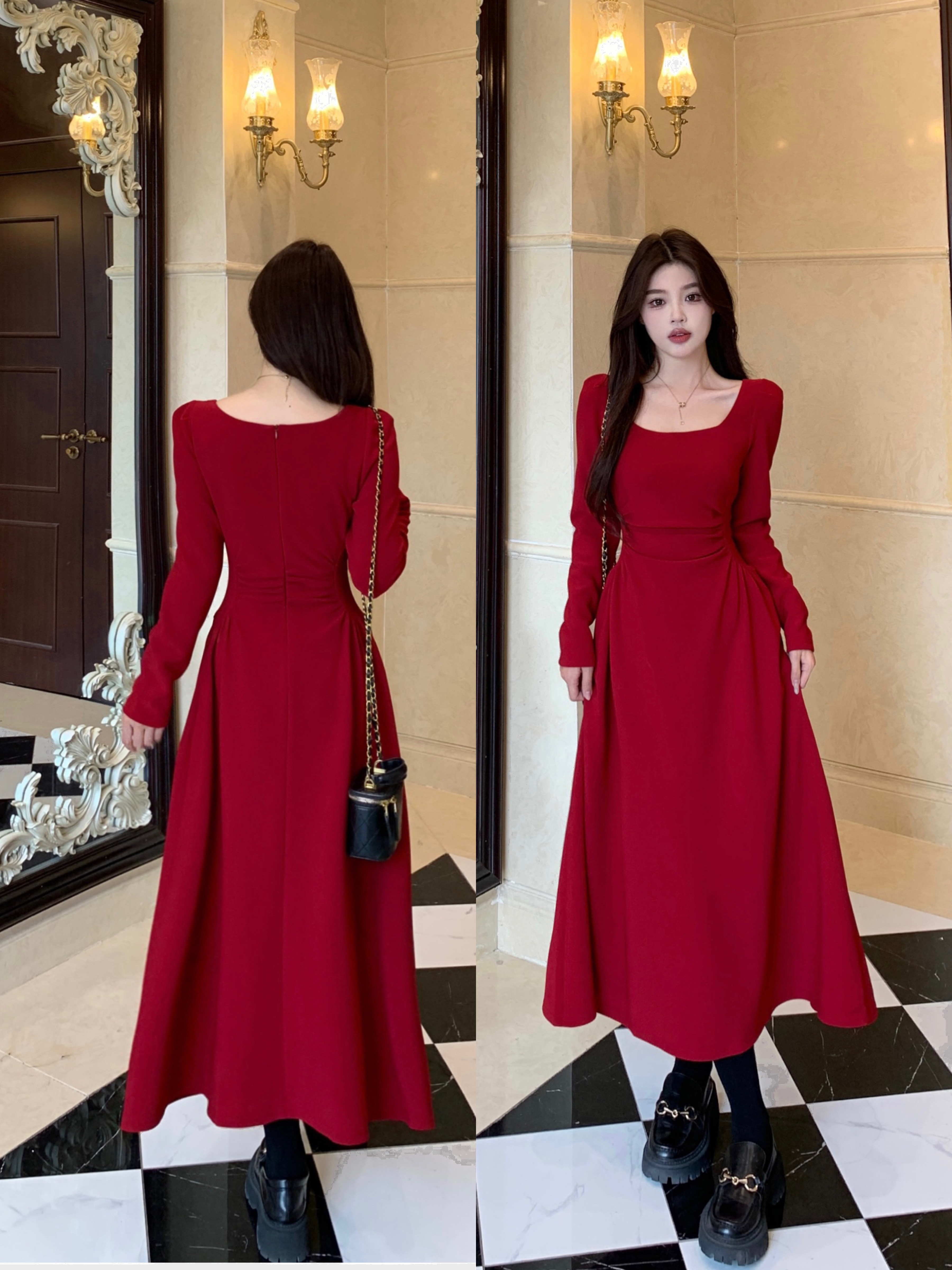 MY15613# 大码女装胖mm红色长袖连衣裙法式订婚礼服敬酒服平时可穿裙子女裝貨源服裝批發