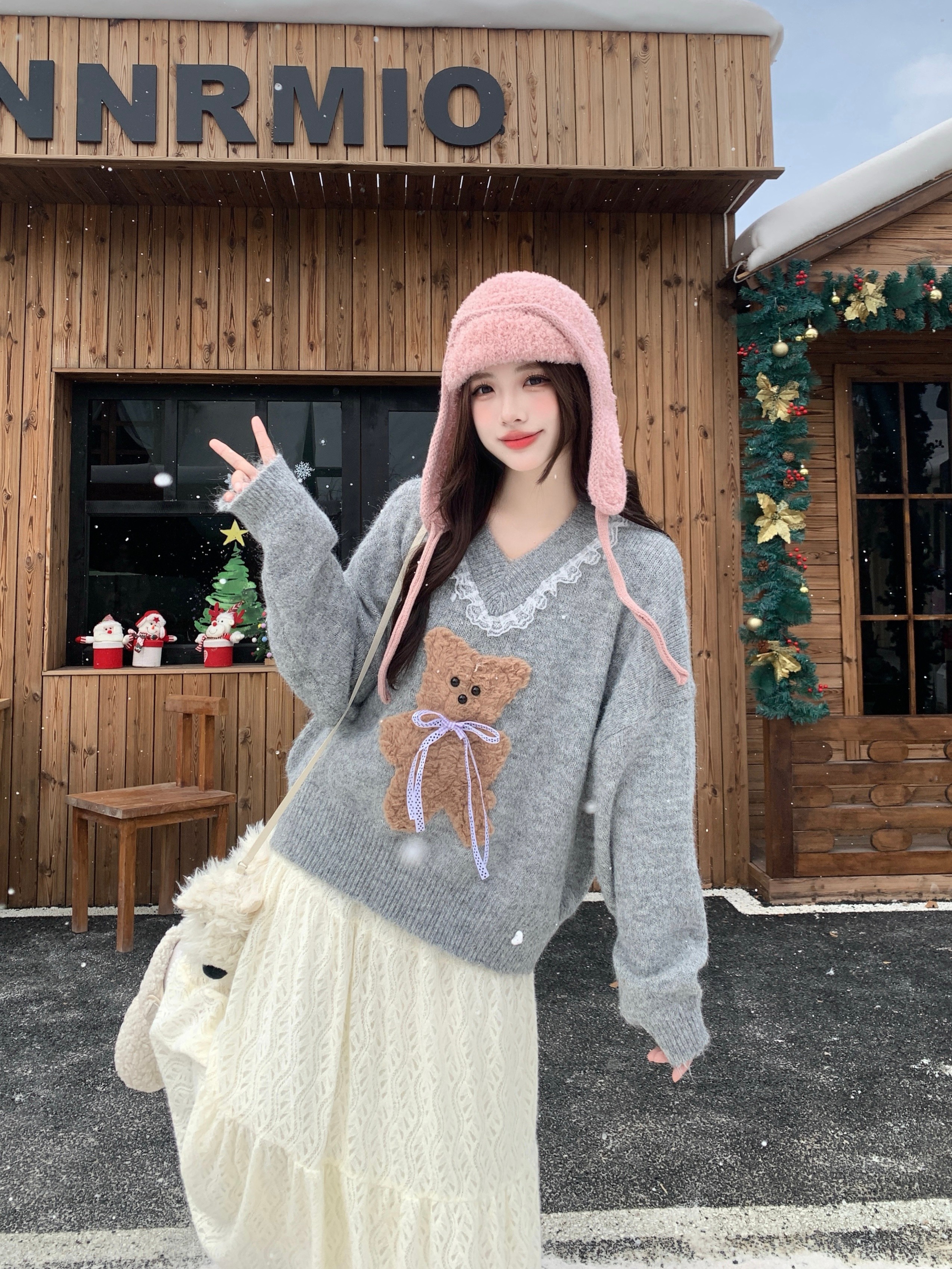 MY15611# 大码女装胖mm显瘦仿貂毛卡通小熊毛衣外套针织毛衣蕾丝半身裙套装女裝貨源服裝批發