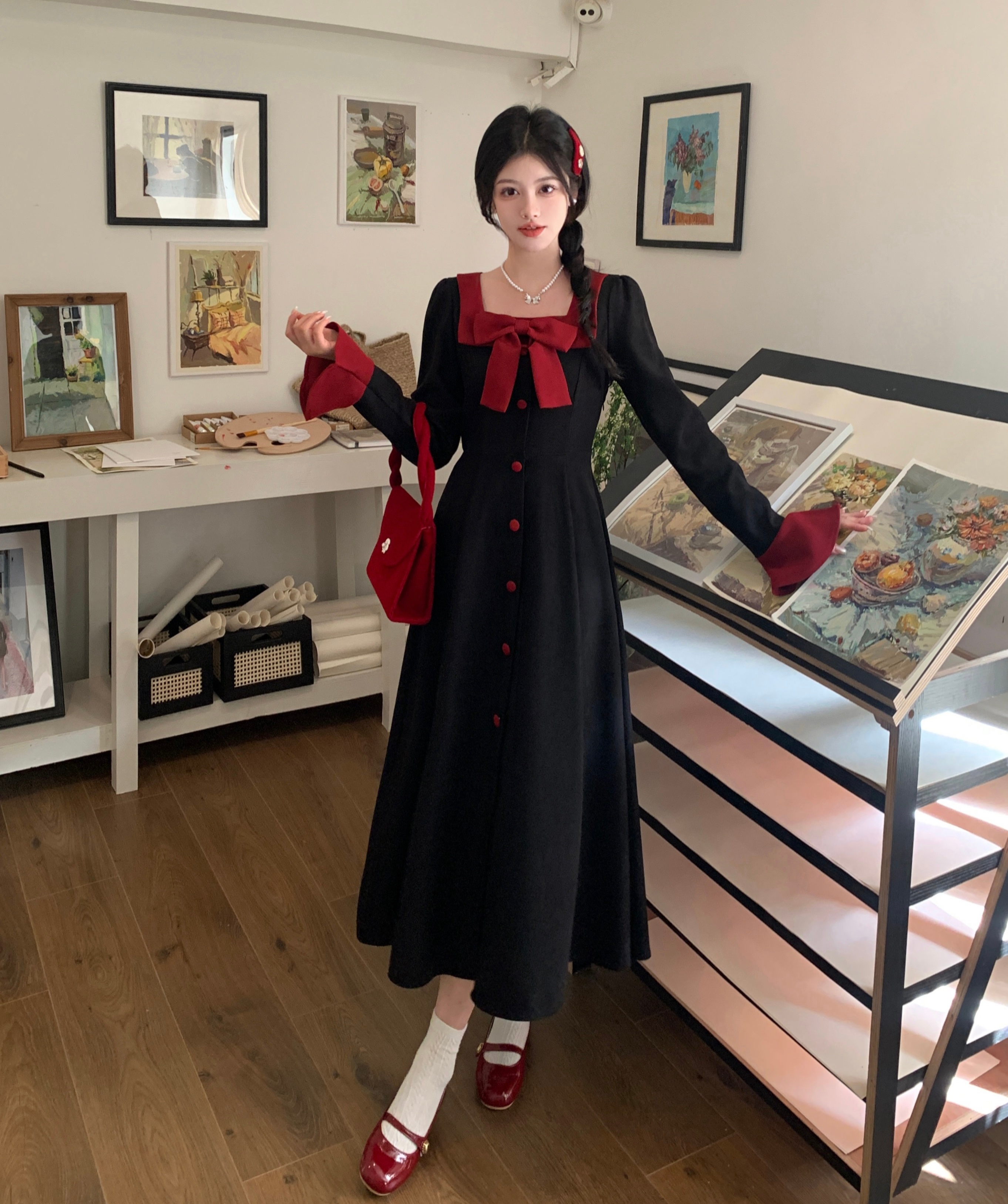 MY15608# 大码法式长袖连衣裙收腰显瘦蝴蝶结长裙胖MM赫本风气质裙子女裝貨源服裝批發