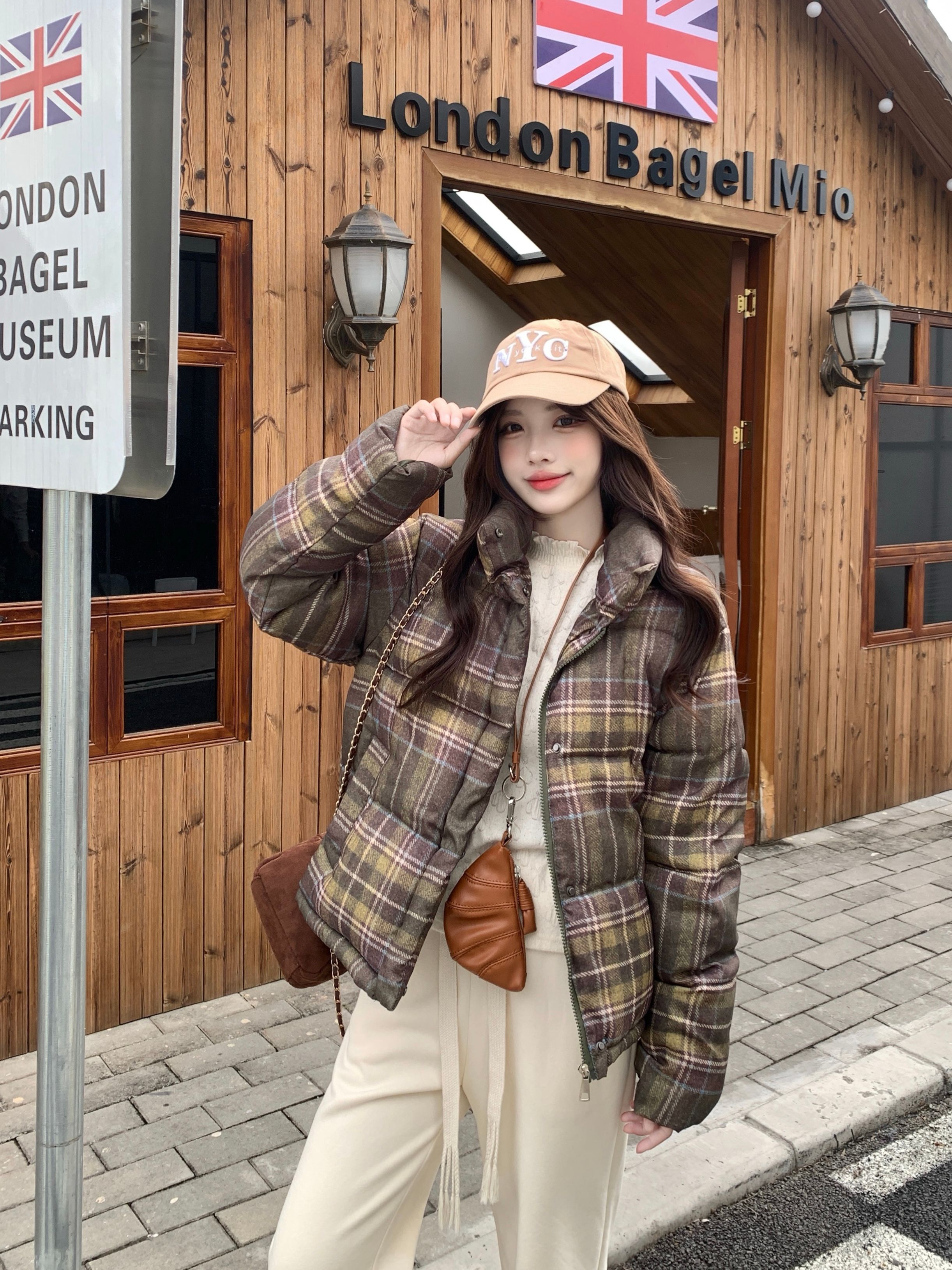 MY15607# 短款立领棉服女时尚休闲格子设计加厚保暖外套女裝貨源服裝批...