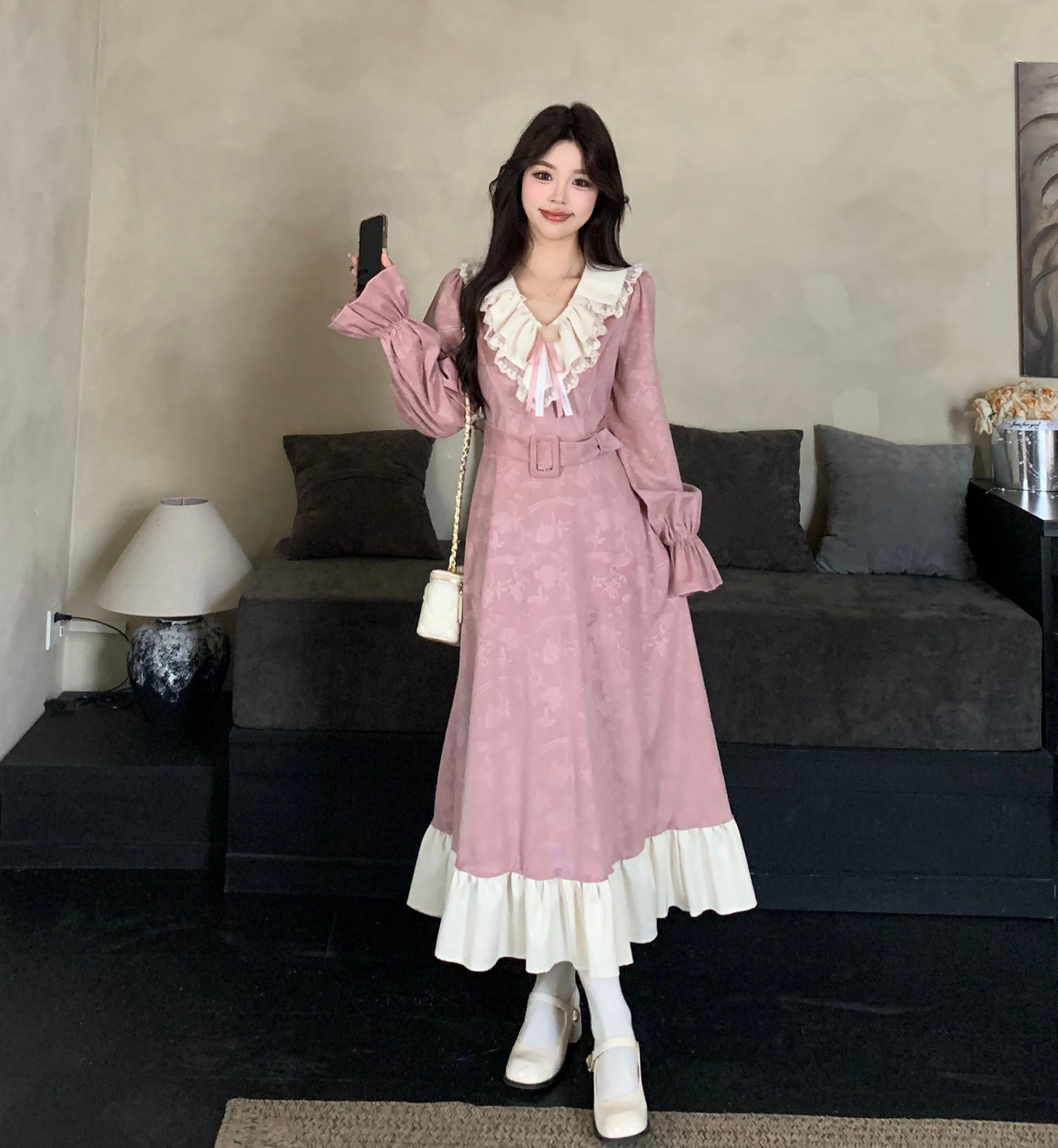 MY15603# 大码女装提花雪尼尔拼接长裙新款微胖mm设计感连衣裙女裝貨源服裝批發