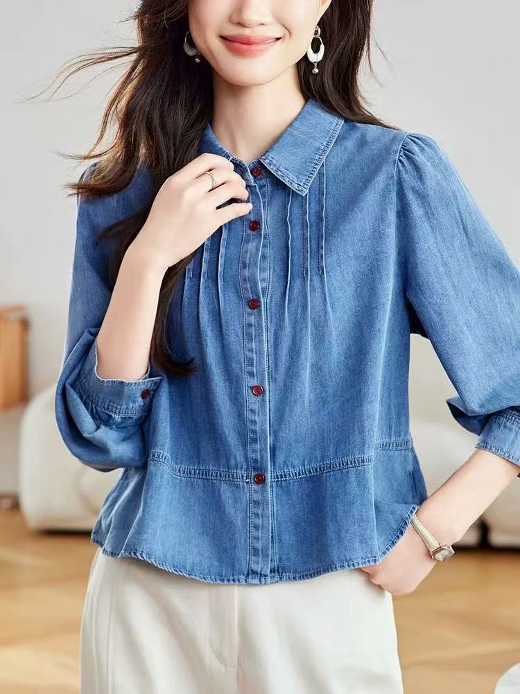 MY14818# 小个子显高荷叶摆牛仔衬衫女长袖外穿休闲上衣衬衣女裝貨源服...