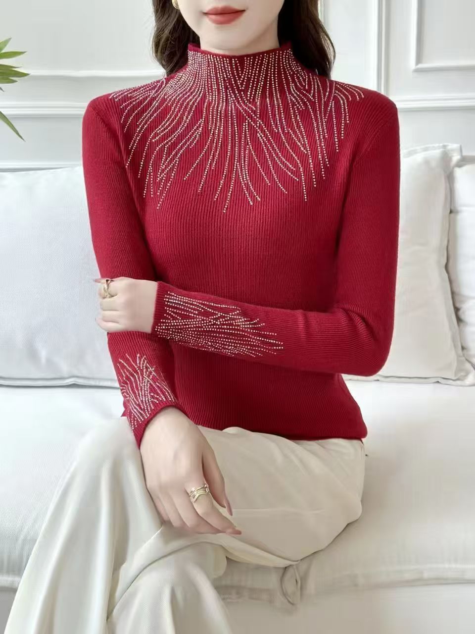 MY14817# 爆款半高领帯钻毛衣针织衫秋冬显瘦百搭高级感上衣女裝貨源服...