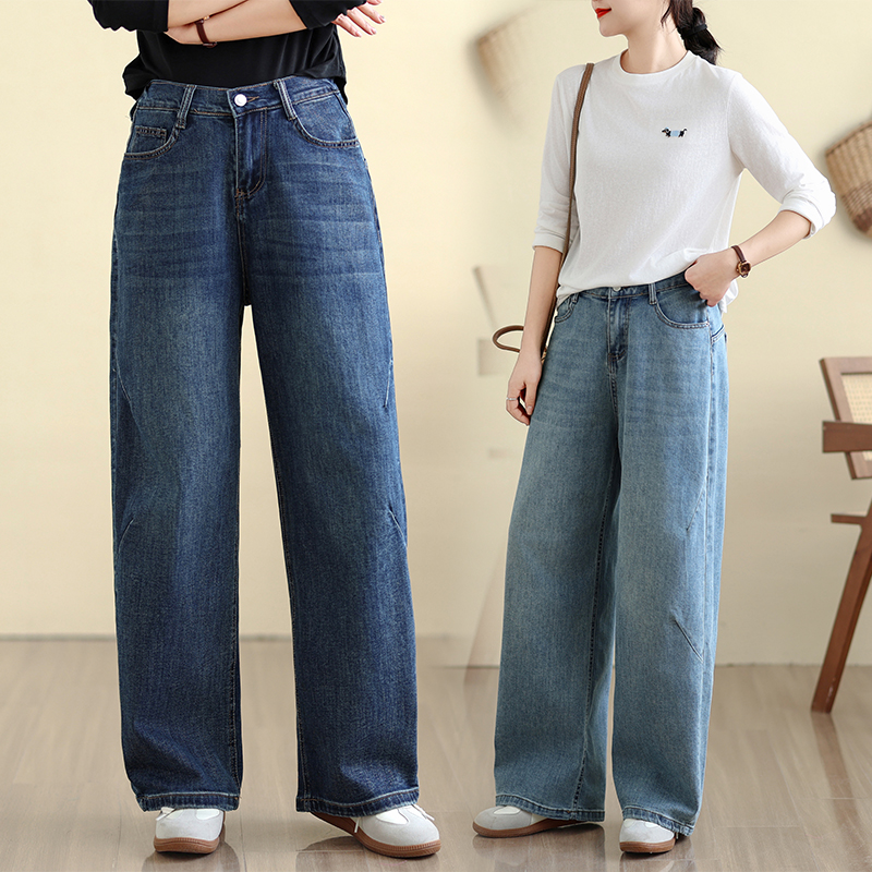 MY17497# 大码女装休闲拖地裤 宽松遮肉显瘦百搭半松紧弯刀裤牛仔裤女裝貨源服裝批發