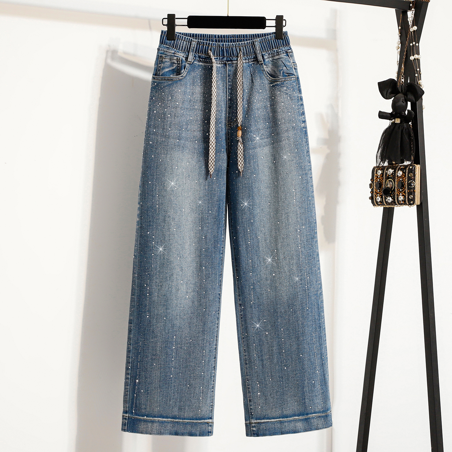MY17495# 大码女裤新款春夏烫钻爆闪胖mm松紧腰微弹牛仔直筒拖地裤女裝貨源服裝批發