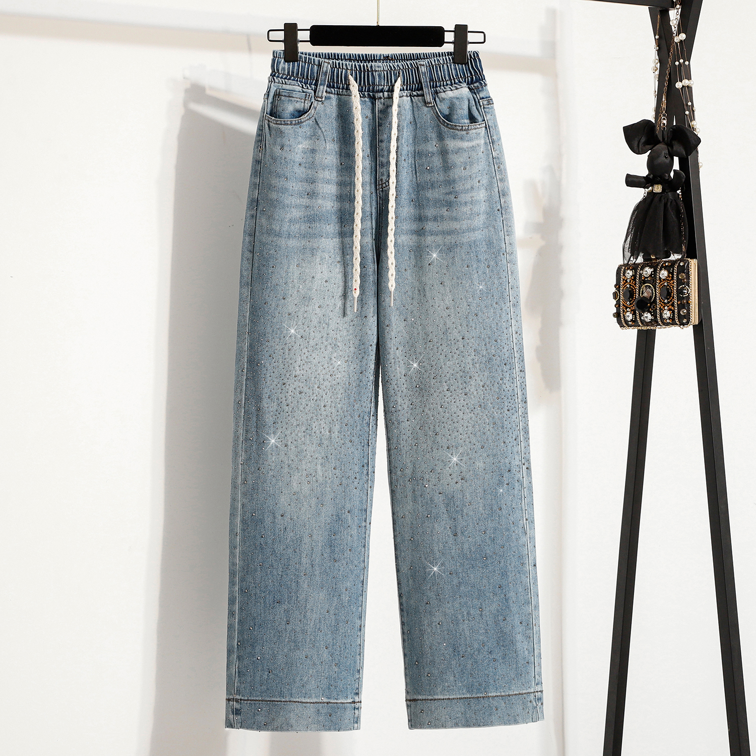 MY17494# 大码女装春夏烫钻满天星爆闪宽松显瘦微弹牛仔直筒裤长裤女裝貨源服裝批發