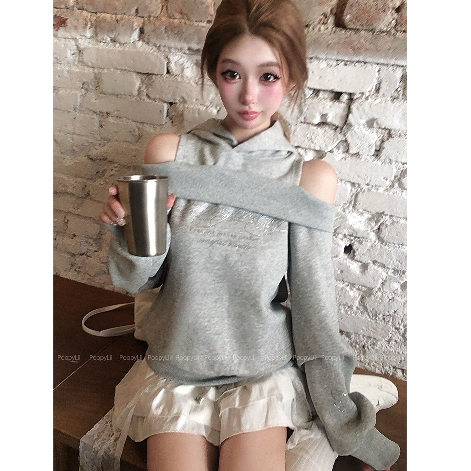 MY14290# 华棉慕斯夜色 露肩设计感连帽卫衣假两件长袖上衣女裝貨源服裝批發