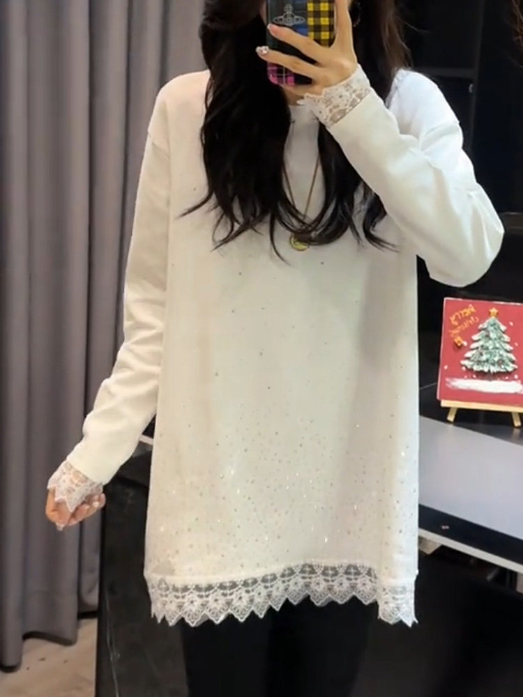 RY73# 欧货重工镶钻蕾丝拼接针织衫秋冬新款宽松中长款打底衫