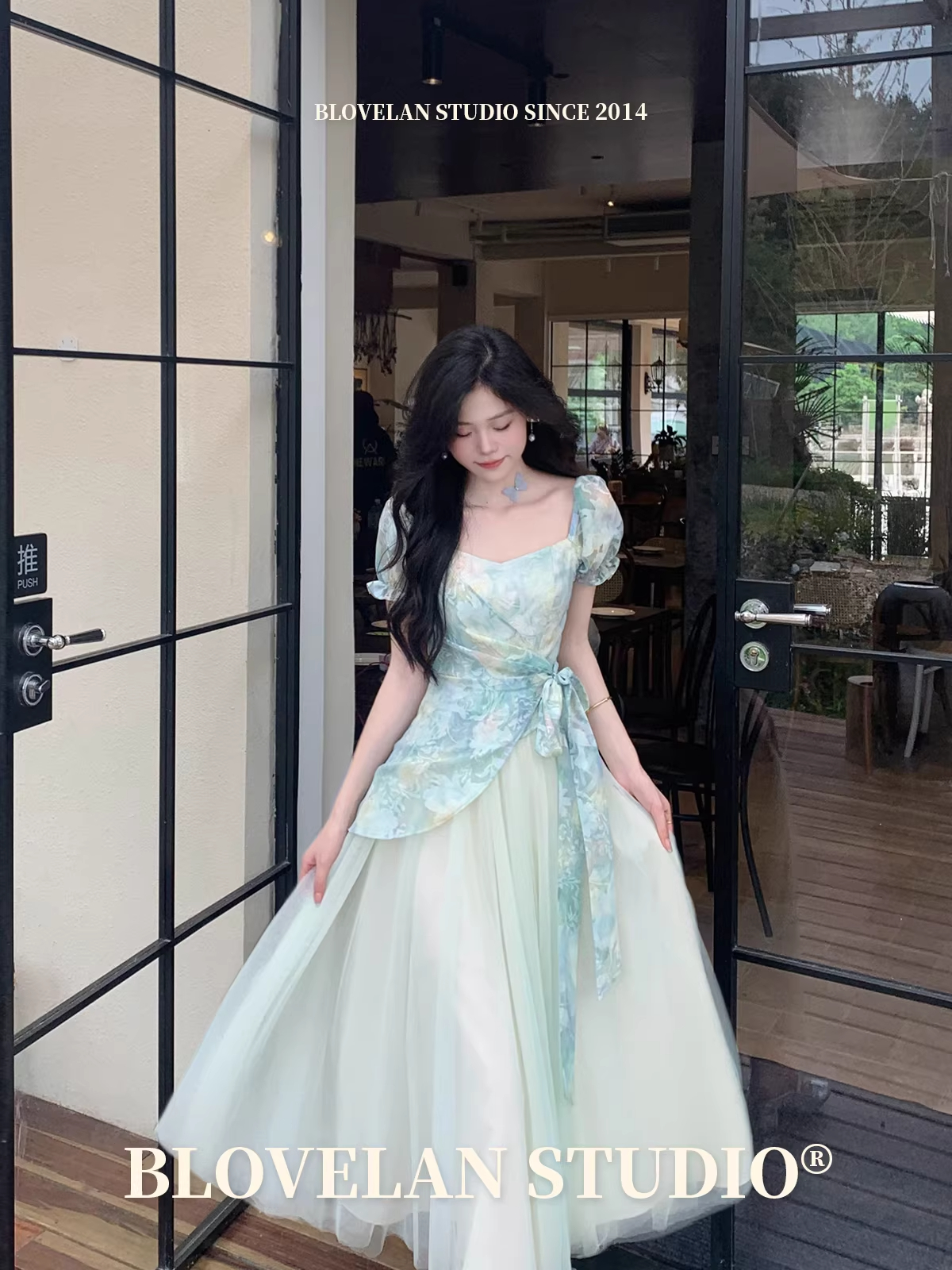 RY67# 气质蓝色不规则斜裁拼接绑带收腰背带连衣裙时尚百搭求职季小众款