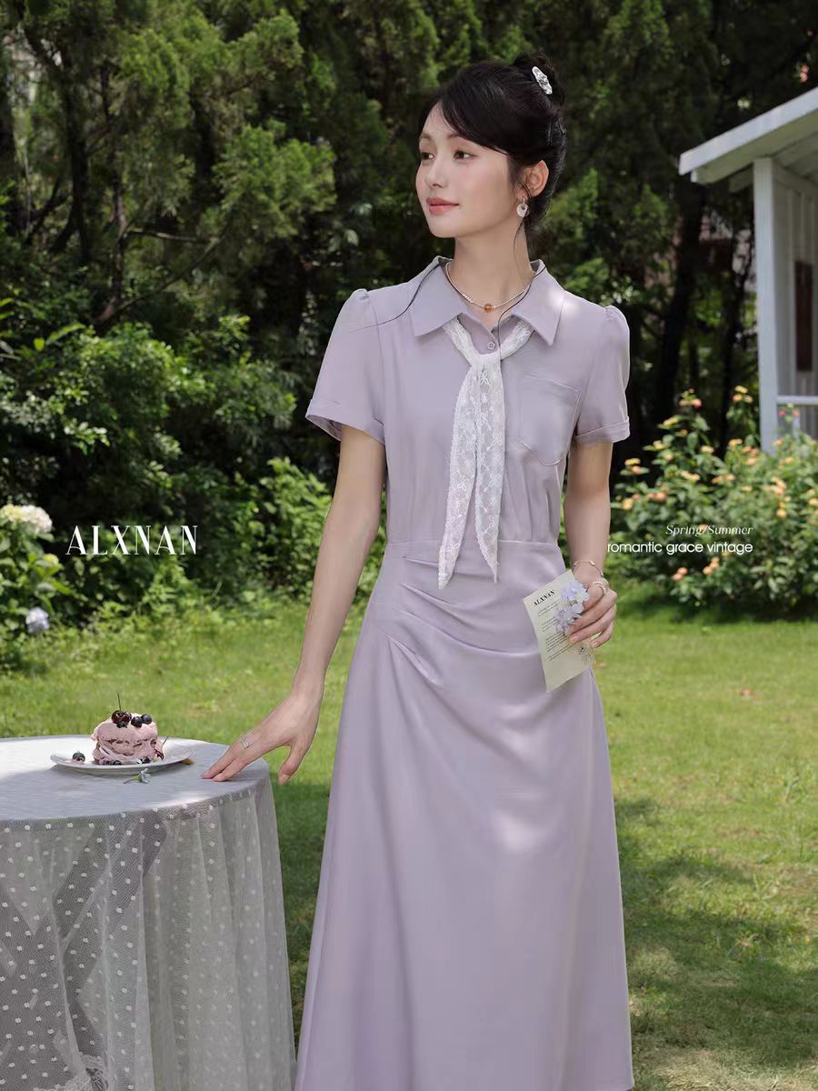 RY66# 白棠雾黎法式气质polo领紫色连衣裙女夏季收腰衬衫裙子