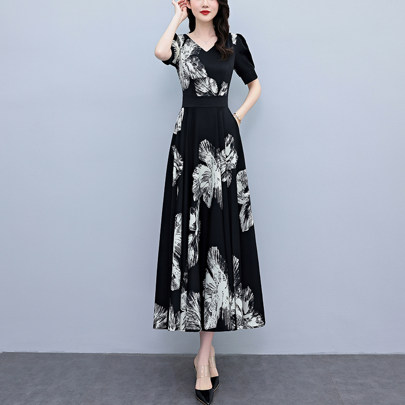 RY1373# 2026夏季新款高档印花碎花连衣裙大码胖mm收腰显瘦遮肚长裙