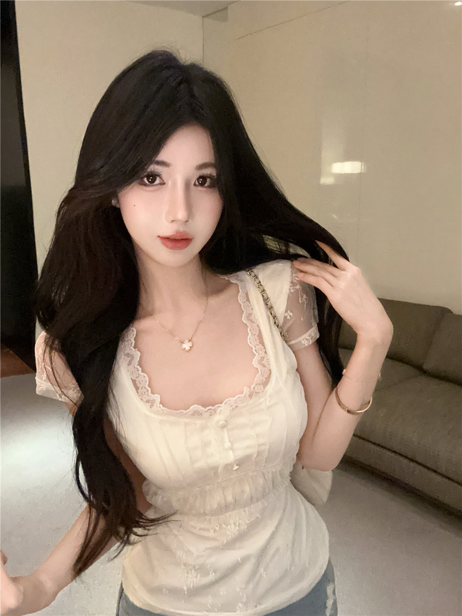 MY13004# 法式纯欲提花蕾丝花边短袖上衣温柔甜美修身显瘦拼接纽扣T恤...