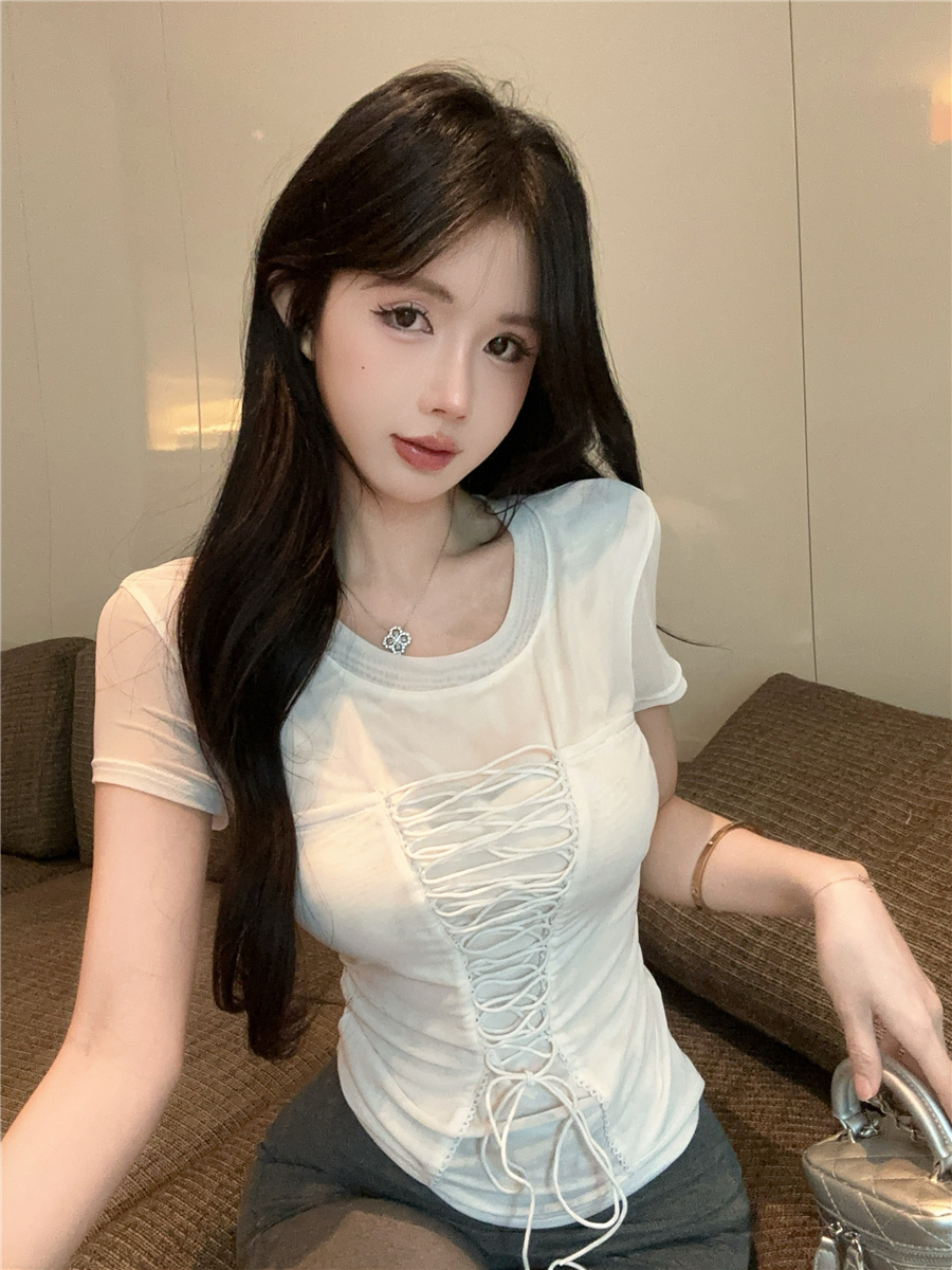 MY13003# 纯欲性感网纱绑带收腰微透短袖T恤修身显瘦辣妹上衣女裝貨源...