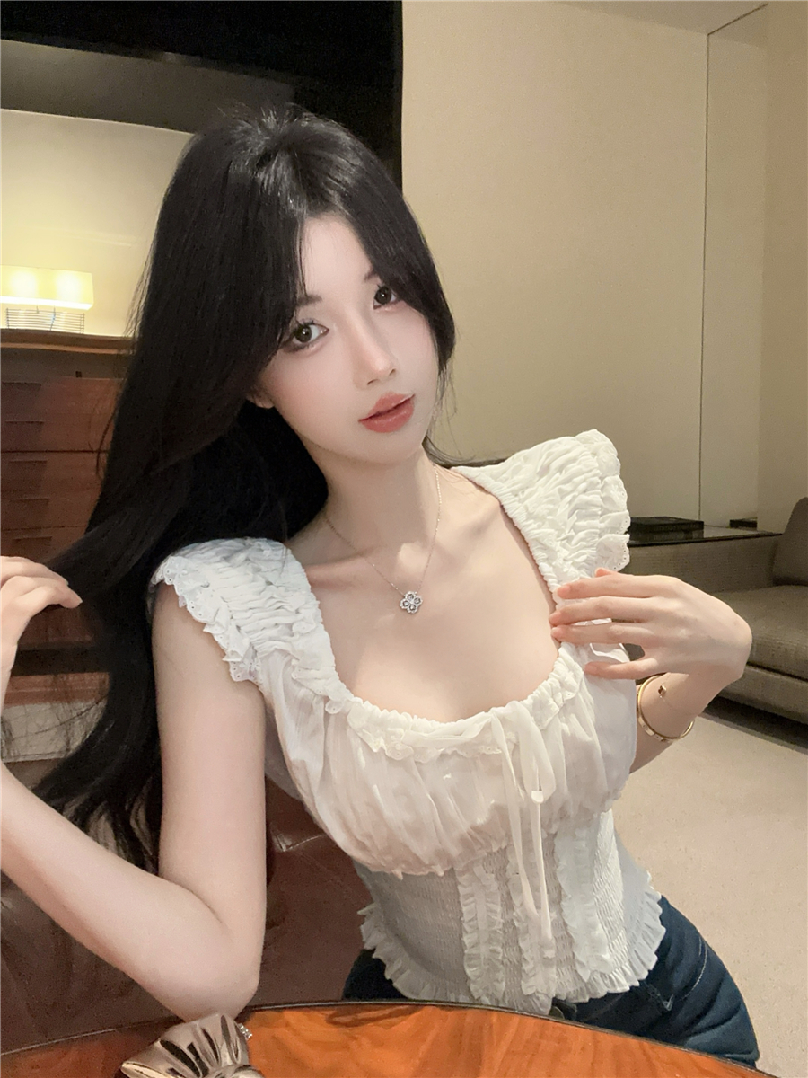 MY13001# 法式纯欲打揽褶皱系带方领短袖T恤修身显瘦辣妹上衣女裝貨源...