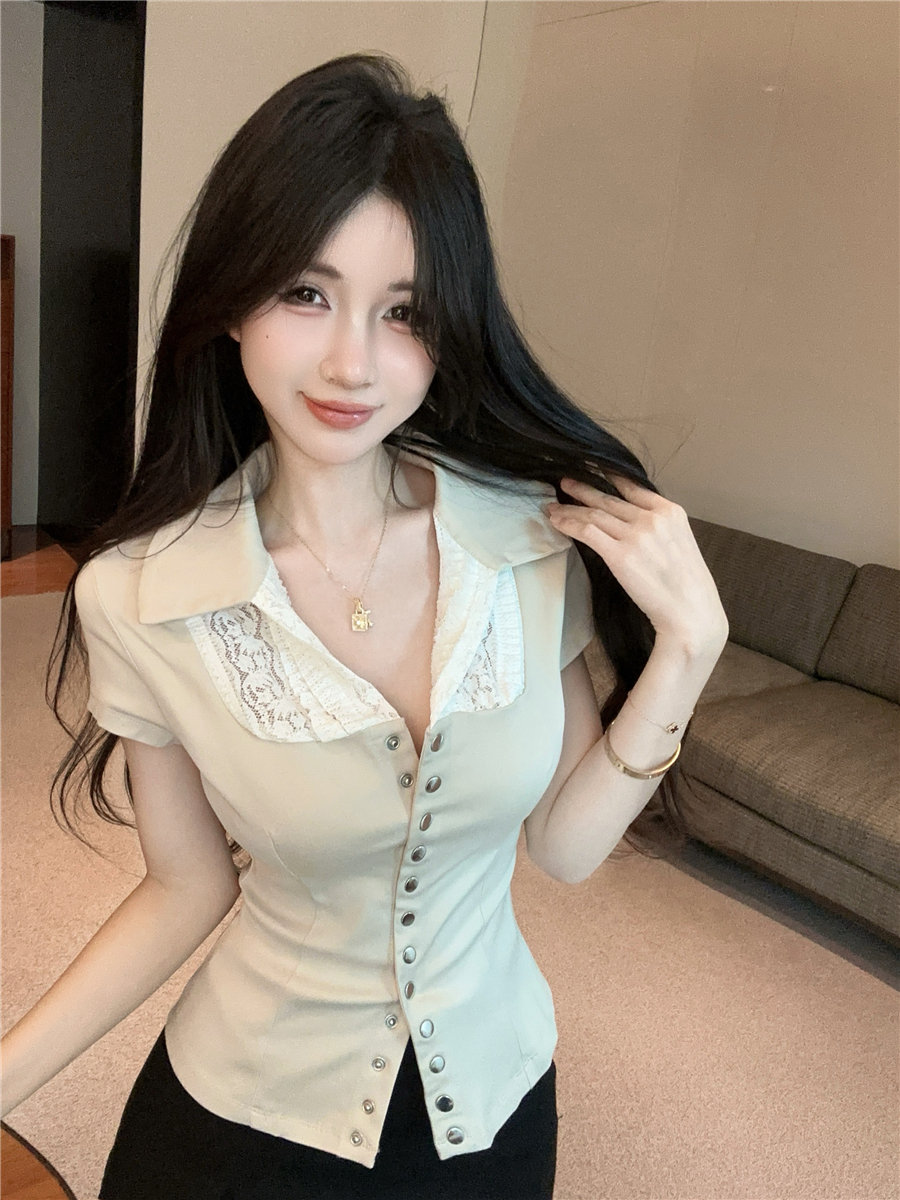 MY13000# 纯欲性感金属排扣蕾丝拼接翻领上衣修身显瘦辣妹正肩上衣女裝...