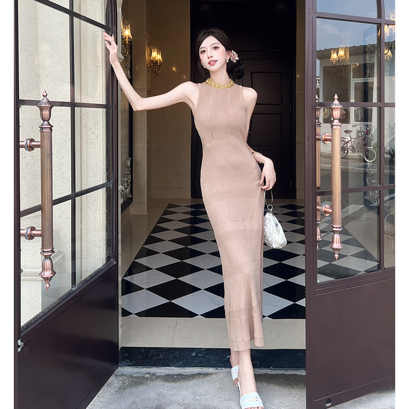 2025夏季新款法式高級感亮片拼接針織背心包臀連衣裙女純欲風辣妹