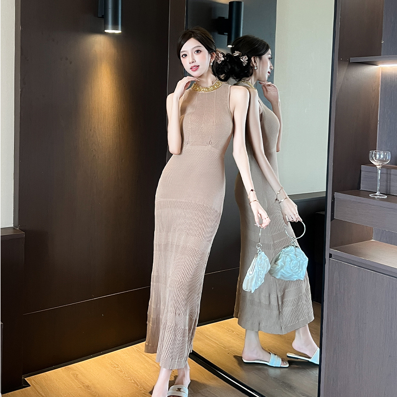 2025夏季新款法式高級感亮片拼接針織背心包臀連衣裙女純欲風辣妹