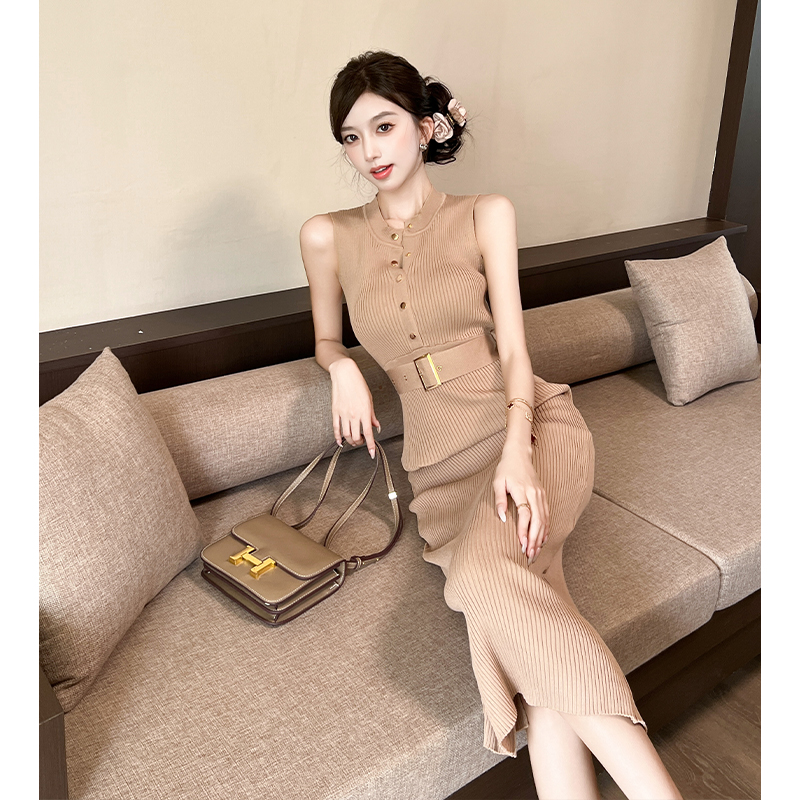 2025夏季新款氣質無袖針織背心連衣裙女修身中長開叉收腰包臀裙潮