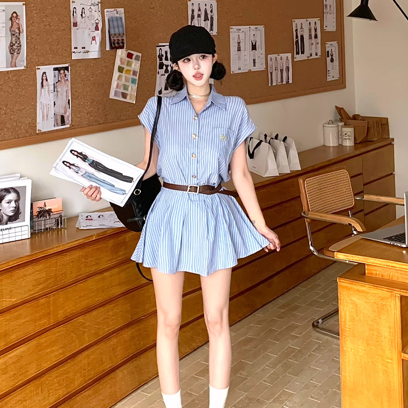 學院風條紋襯衫連衣裙女夏新款設計感氣質收腰顯瘦小個子百褶短裙