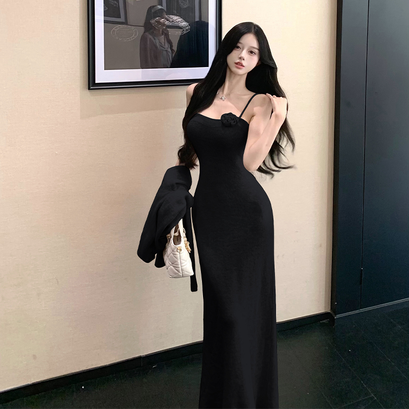 法式減齡吊帶花朵針織連衣裙高級感修身長裙女開衫外套百搭顯瘦潮