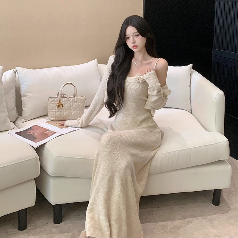 法式減齡吊帶花朵針織連衣裙高級感修身長裙女開衫外套百搭顯瘦潮