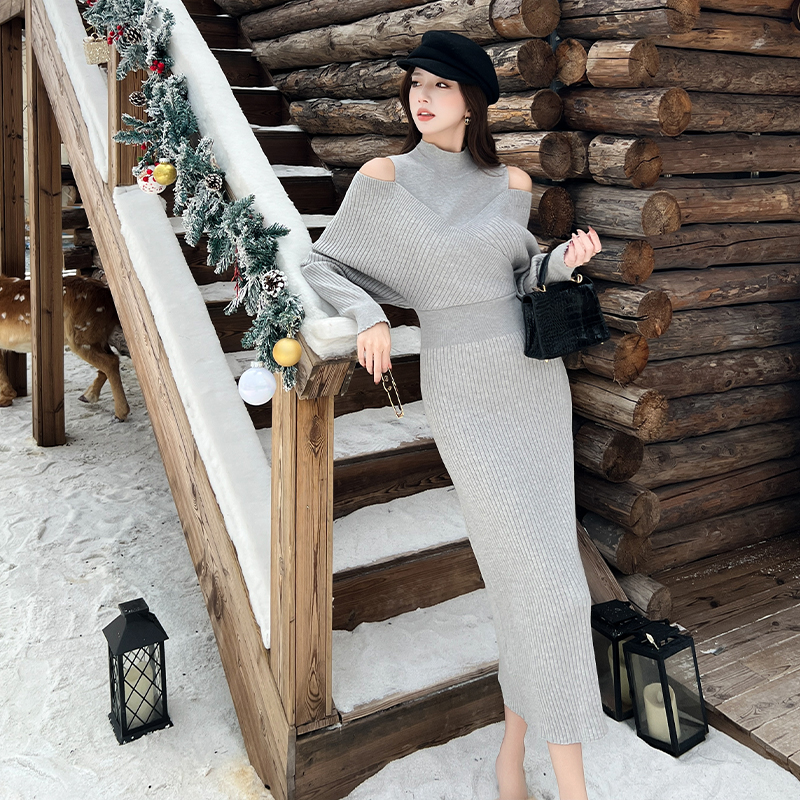 實拍法式氣質灰色假兩件露肩高領針織連衣裙女修身慵懶松弛感長裙